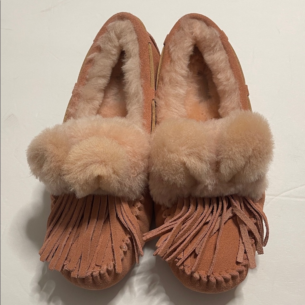 Fringe Ugg Moccasin Slippers with Fur Lining